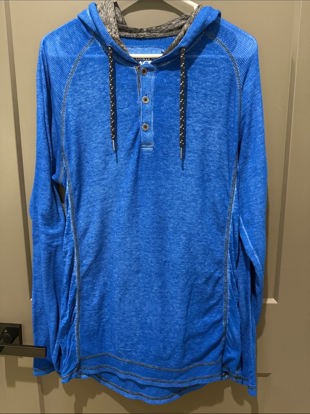 Buckle Blue Hooded Henley Pullover with Hood